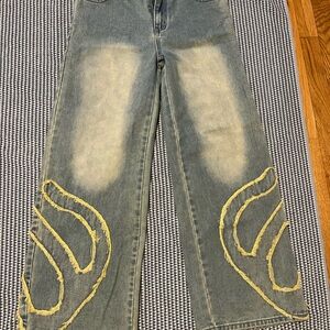 Womens Distressed Flare Jeans with Yellow Frayed Trim